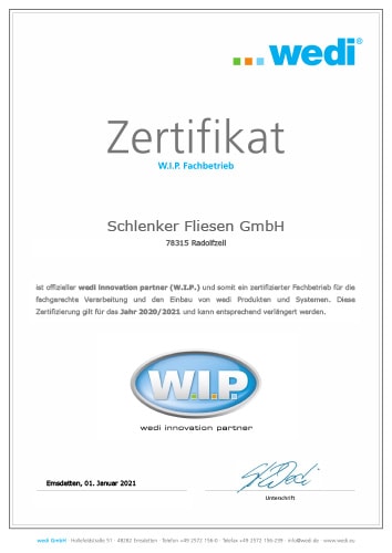 Zertifikat (W.I.P Fachbetrieb) - Schlenker Fliesen